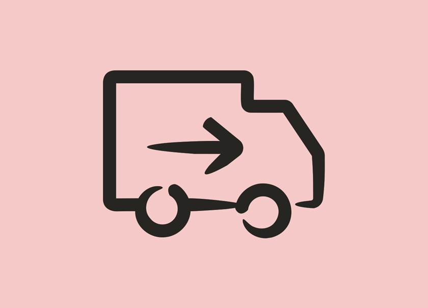 svart ikon i form av en flyttbil på rosa bakgrund
