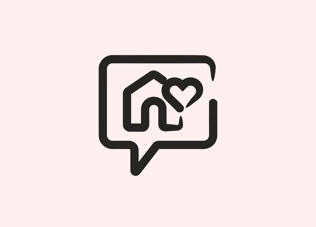 BoKlok ikon av ett hus och litet hjärta i en pratbubbla på rosa bakgrund