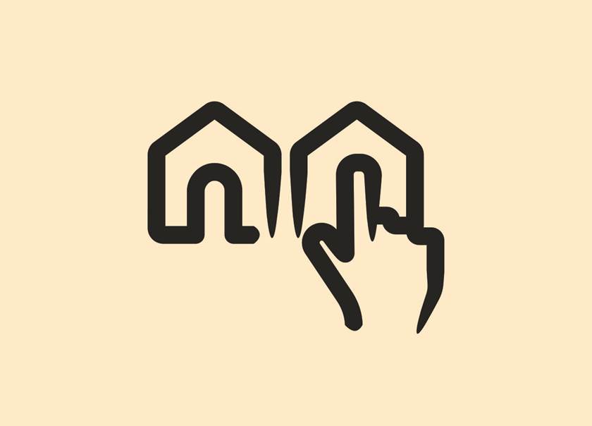 Boklok ikon välj bostad hand som pekar på ett av två hus mot ljusgul bakgrund.