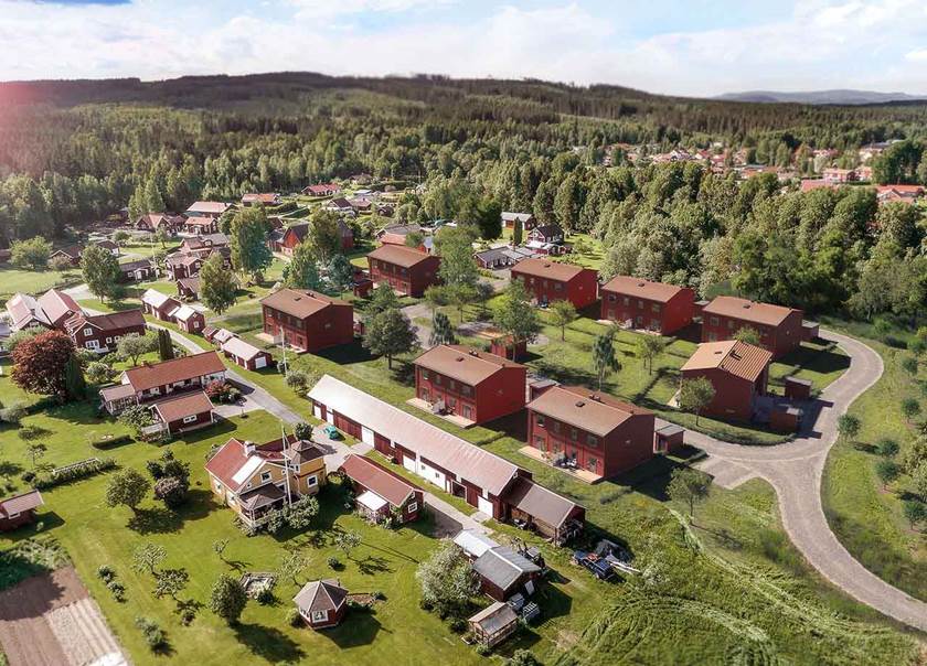 Flygfoto av radhusprojektet BoKlok Eden i Borlänge.