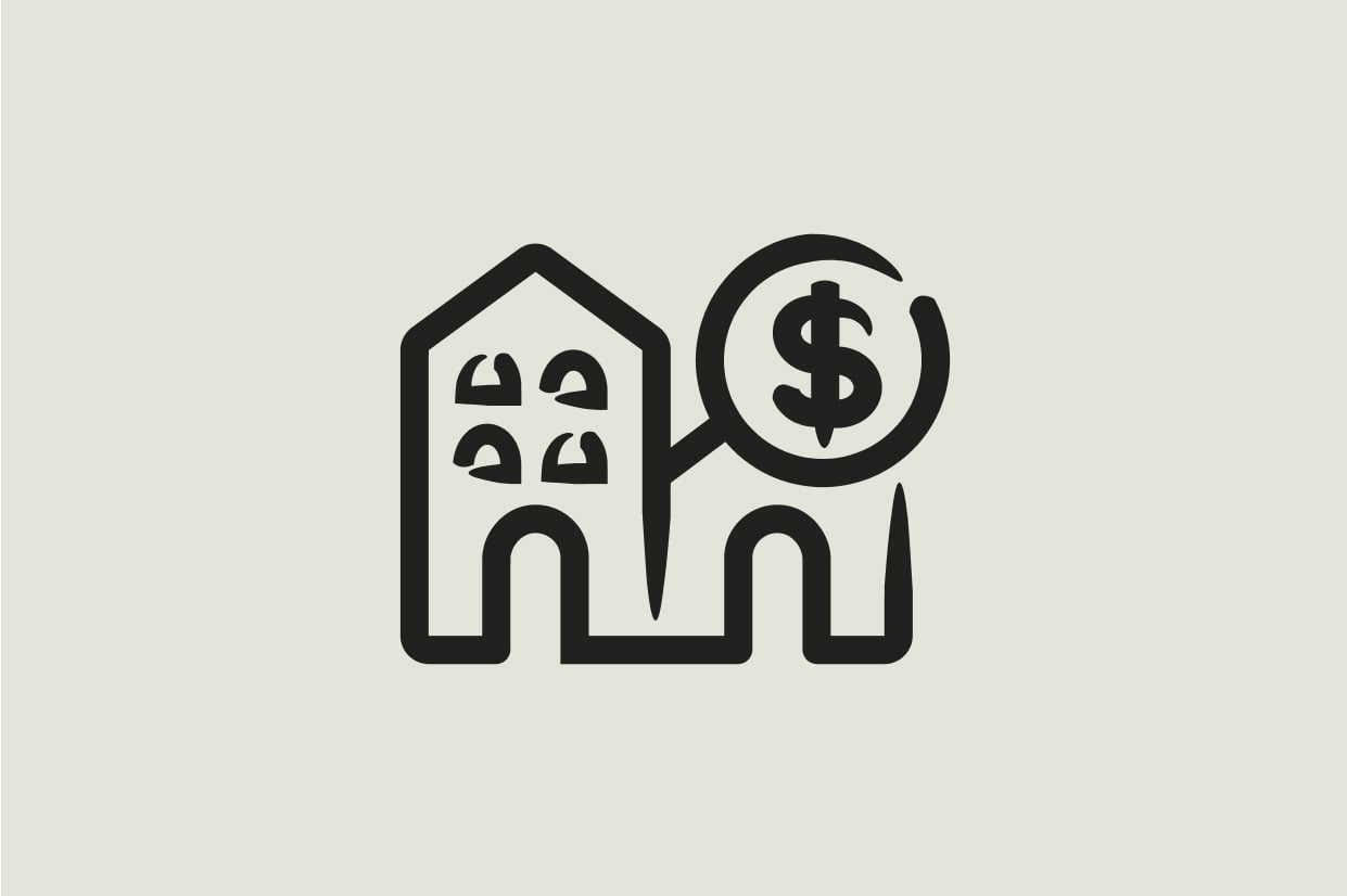 Illustration av hus med dollartecken i svart mot ljusrosa bakgrund.