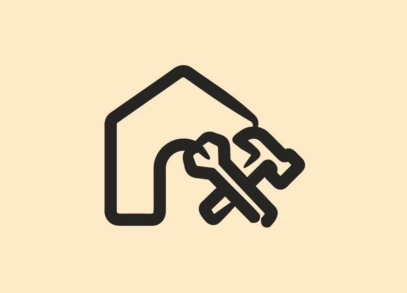 Illustration av svart hus och verktyg mot gul bakgrund