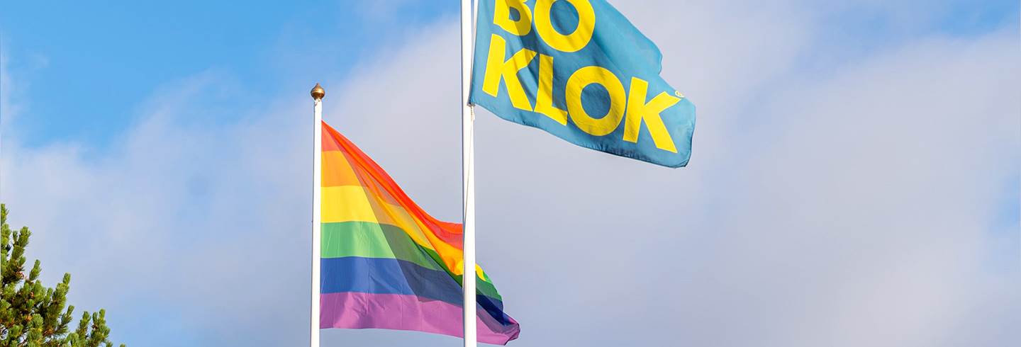 Två hissade flaggor en solig dag. En Pride flagga och en BoKlok flagga.