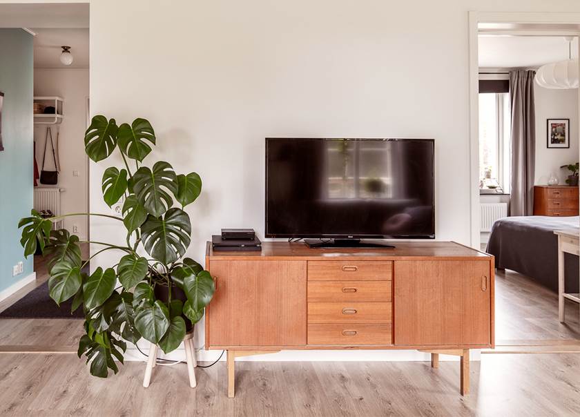 Retro TV bänk med TV på och grön växt i kruka bredvid i BoKlok lägenhet hemma hos familjen Engström
