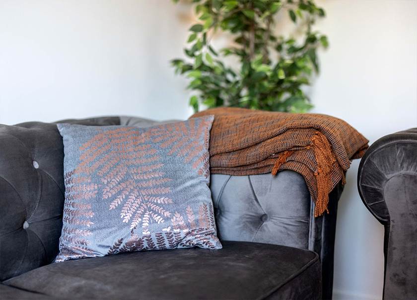 mönstrad kudde och organge filt på soffa med växt bakom