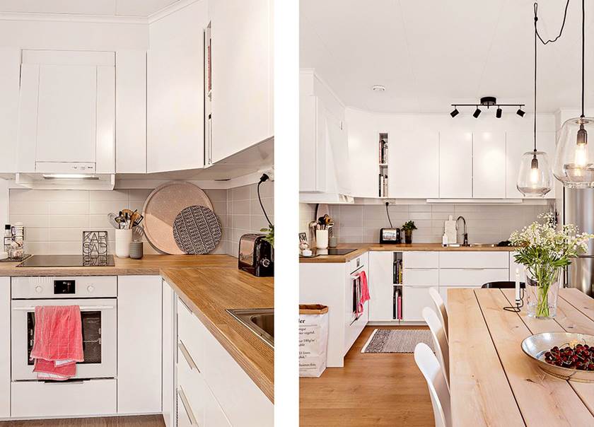 Två bilder av kök i vitt och bänkskiva av trä
