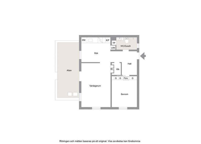 Planlösning av omgjord BoKlok  lägenhet på två rum och kök
