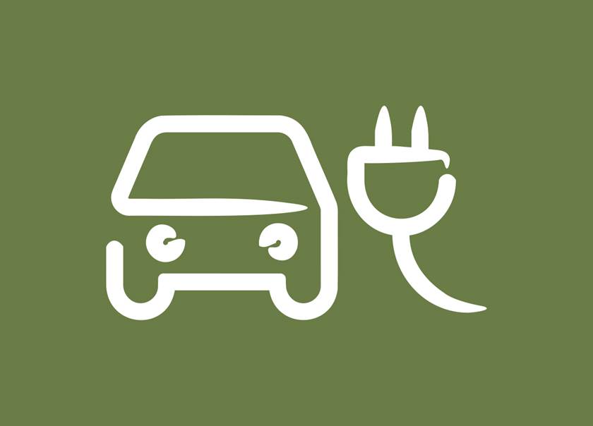BoKlok ikon för elbilsladdning föreställande en bil och kontakt mot grön bakgrund med trästruktur
