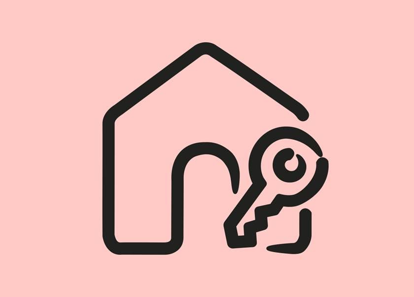 BoKlok ikon inflyttning hus med nyckel rosa bakgrund