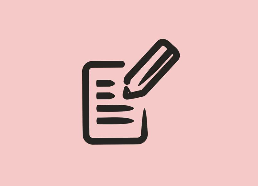Illustration i svart av penna som skriver på ett papper mot rosa bakgrund.
