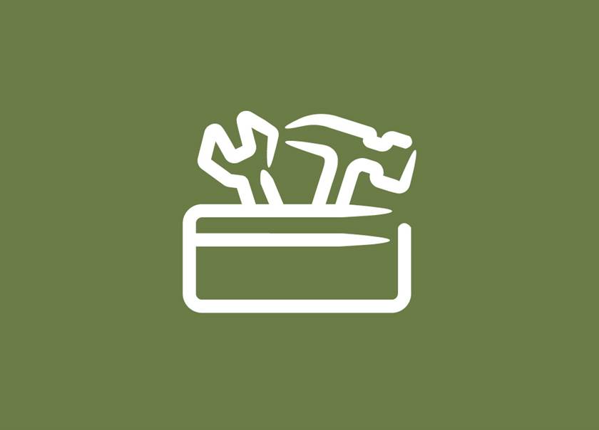 BoKlok ikon med verktygslåda mot grön bakgrund.