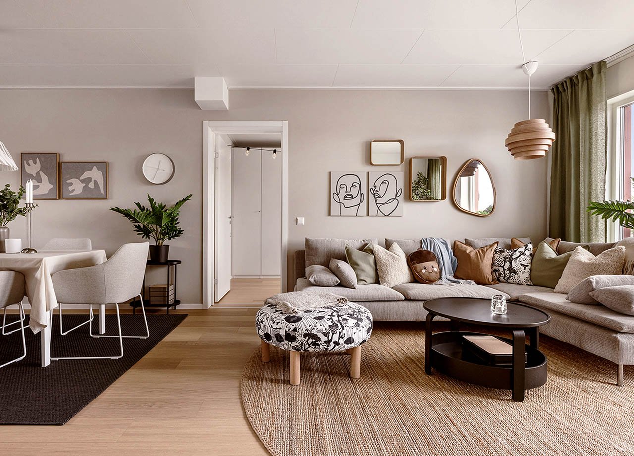 Öppen planlösning mellan kök och vardagsrum i BoKlok lägenhet 3 rum och kök.