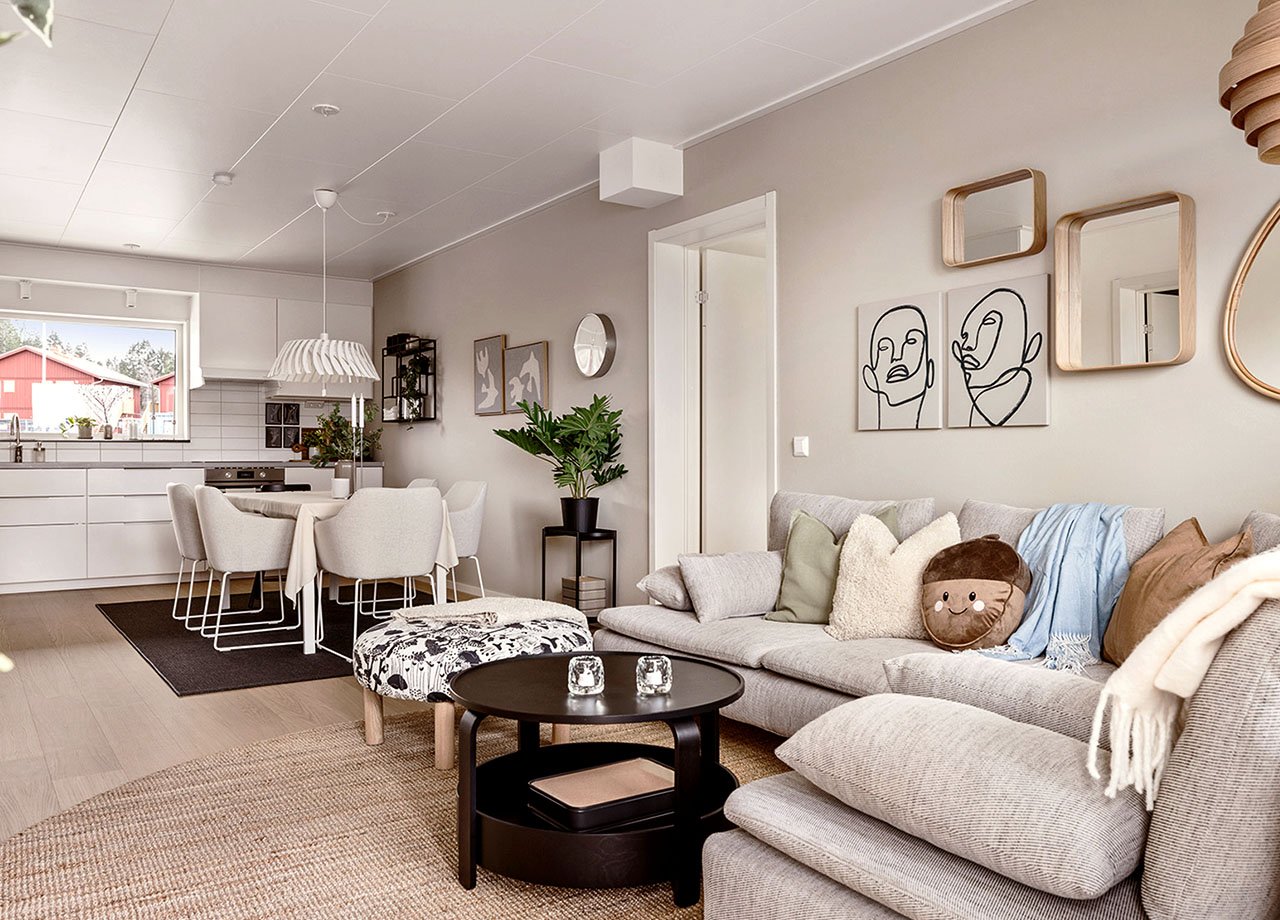 Vardagsrum öppet mot kök i BoKlok lägenhet 3 rum och kök.