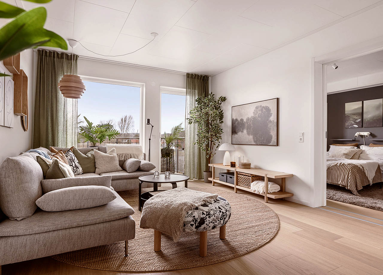 Vardagsrum i BoKlok lägenhet 3 rum och kök.