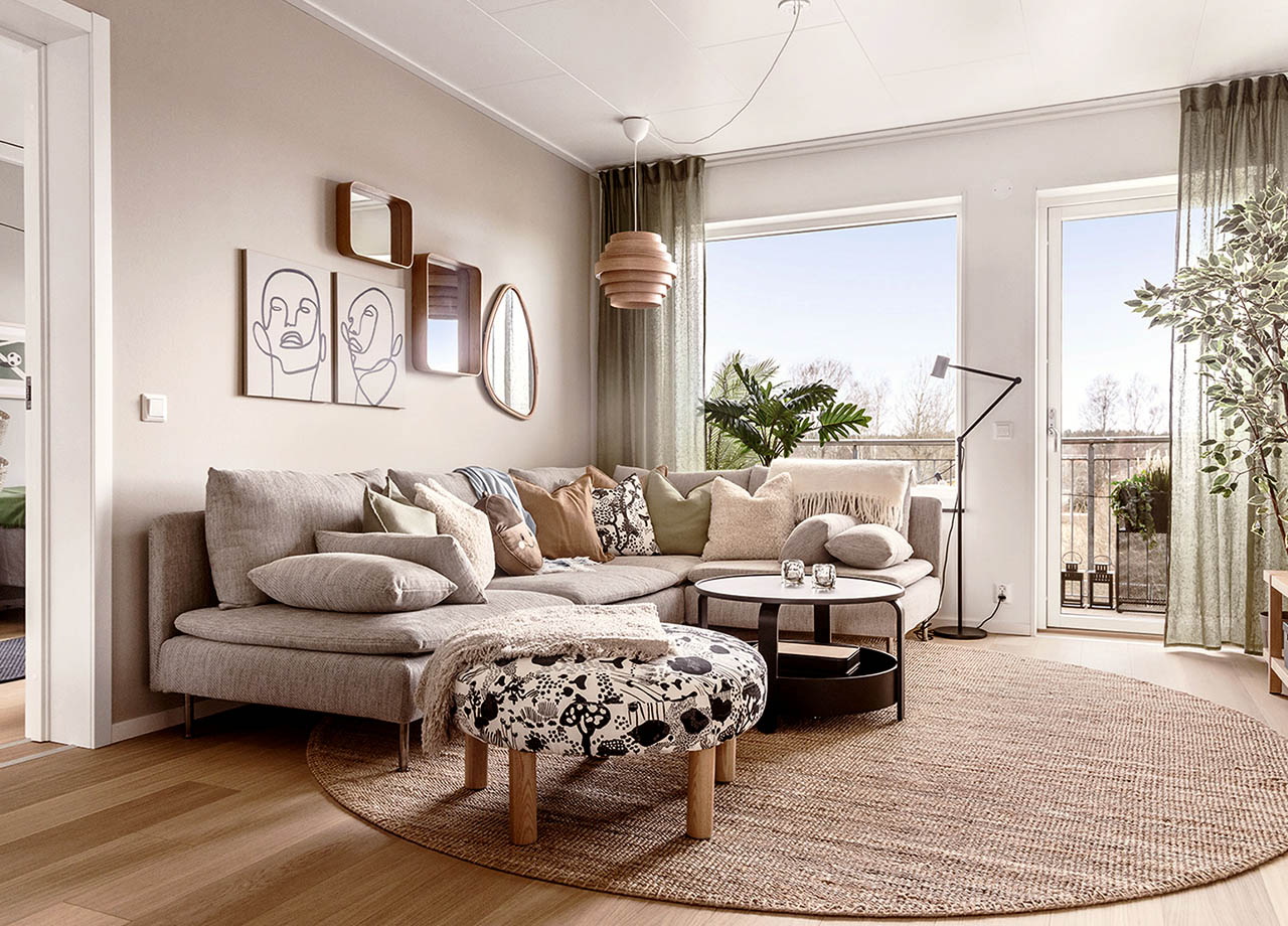 Vardagsrum i BoKlok lägenhet 3 rum och kök.