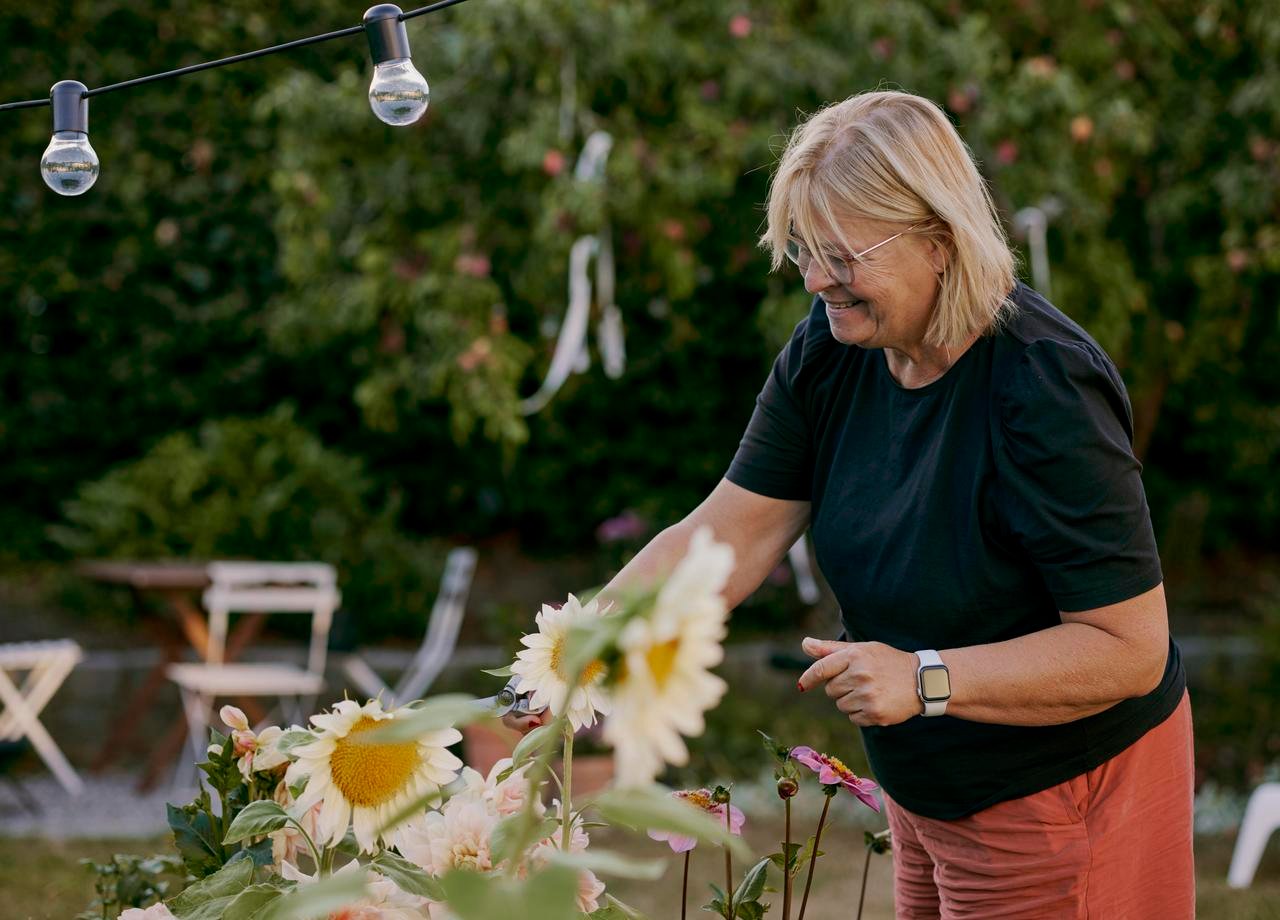 Kvinna med kort ljus hår beskär vit solrosor i sin trägård
