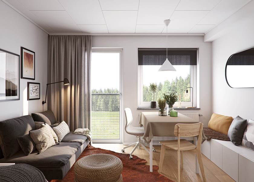 Illustrationsbild av rummet med fransk balkong i en BoKlok lägenhet med ett rum och kök.