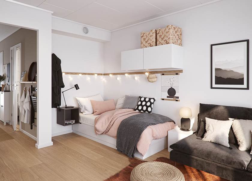 Illustrationsbild av rummet med sovhörna i en BoKlok lägenhet med ett rum och kök.