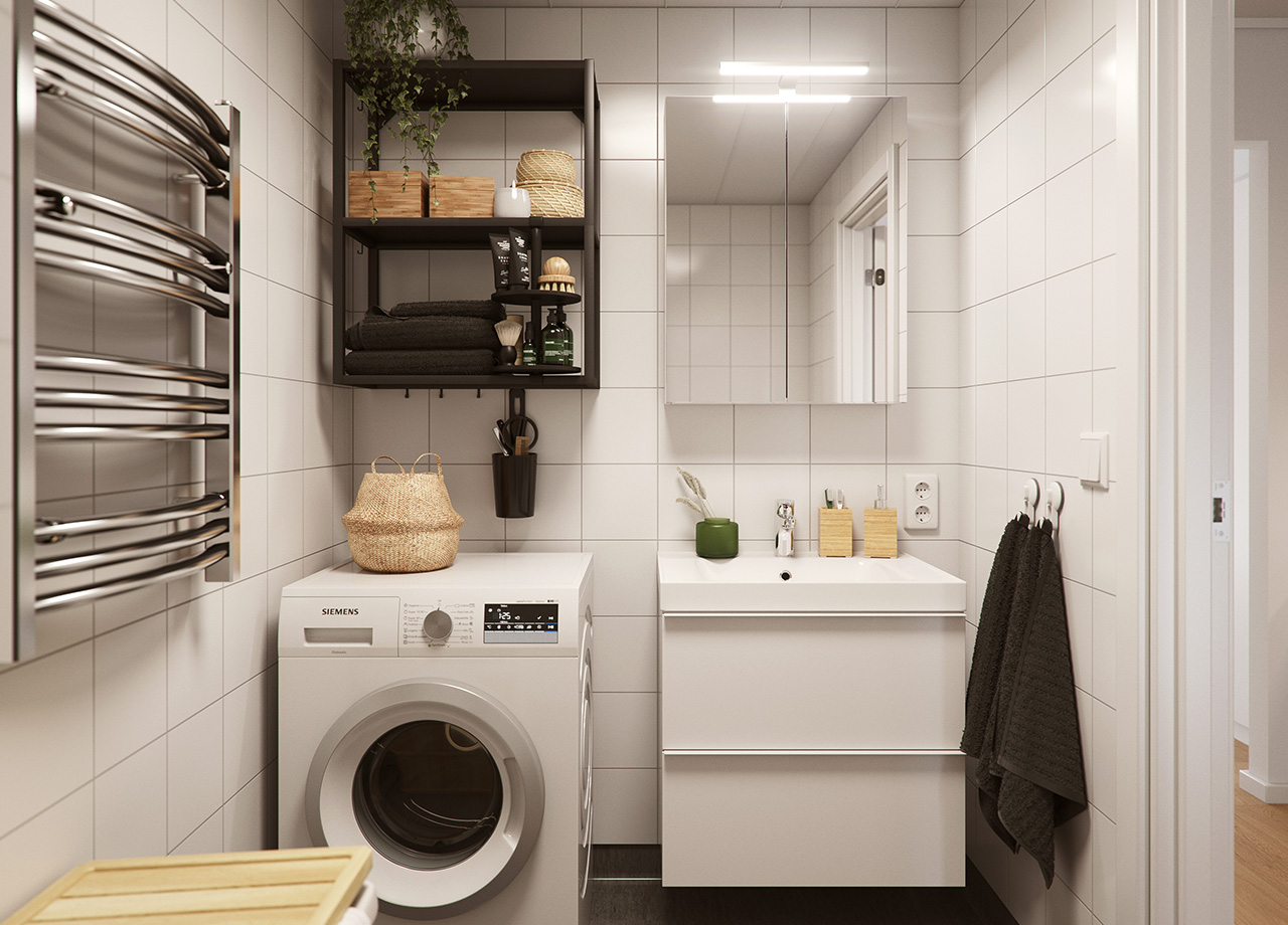 Illustrationsbild av badrummet i en BoKlok lägenhet med ett rum och kök.