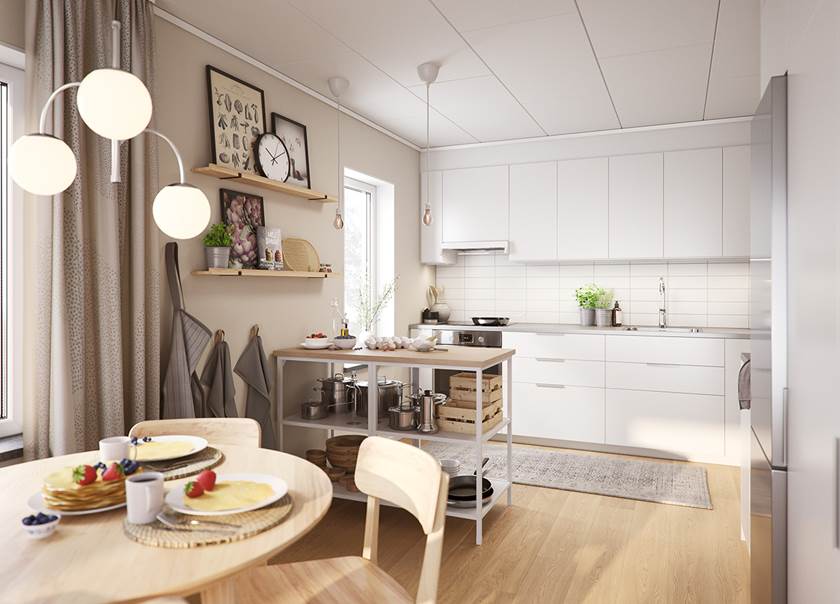 Illustrationsbild av köket i en BoKlok lägenhet med två rum och kök.