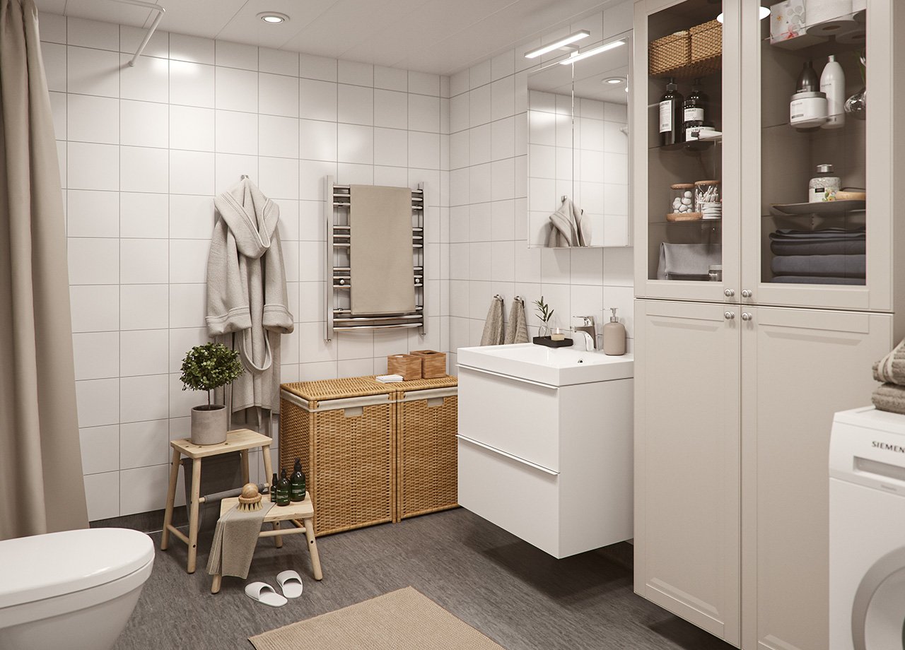 Illustrationsbild av badrummet i en BoKlok lägenhet med två rum och kök.