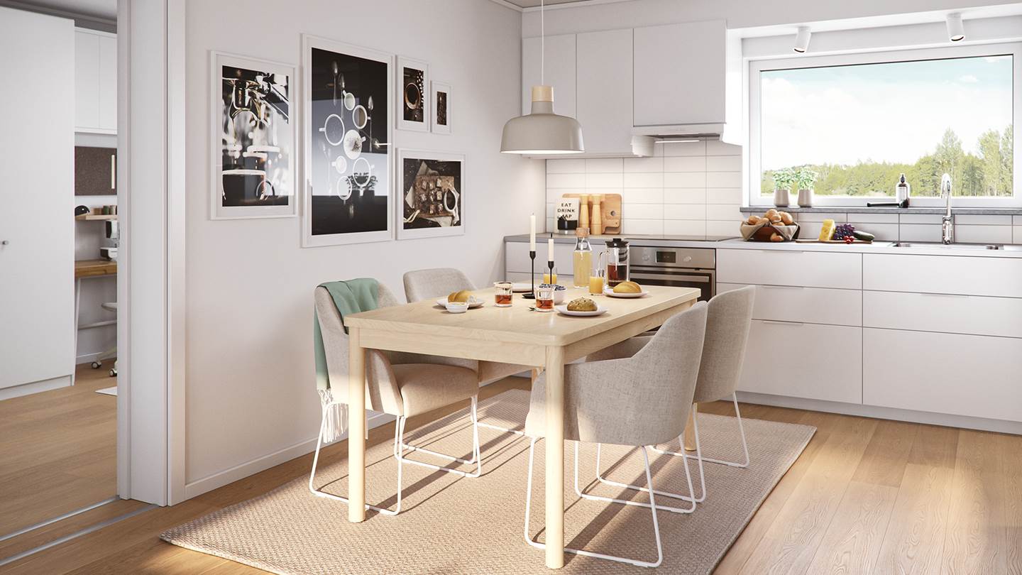 Kök i BoKlok lägenhet med IKEA kök och matsalsbord med vita blommor på
