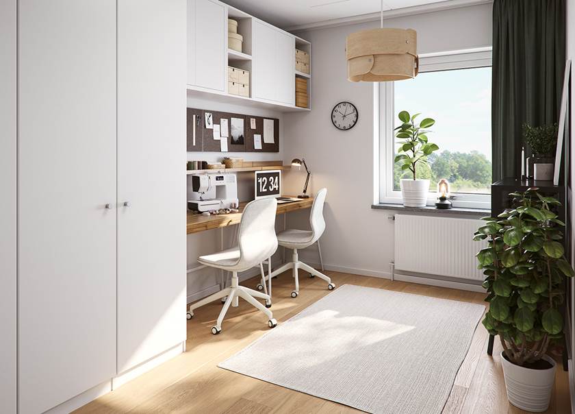 Illustrationsbild av kontoret i en rätvänd BoKlok lägenhet med tre rum och kök.