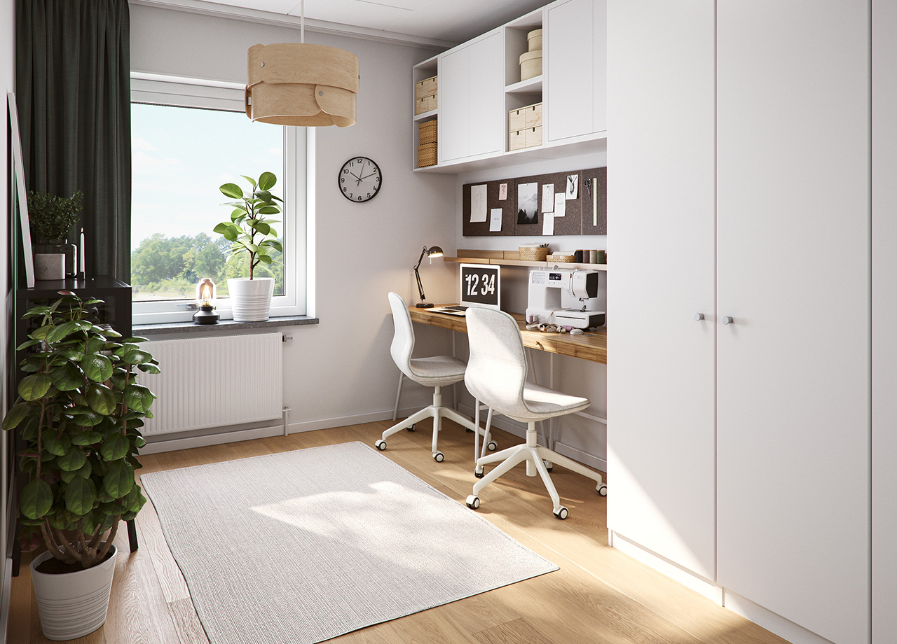 Illustrationsbild av kontoret i en spegelvänd BoKlok lägenhet med tre rum och kök.