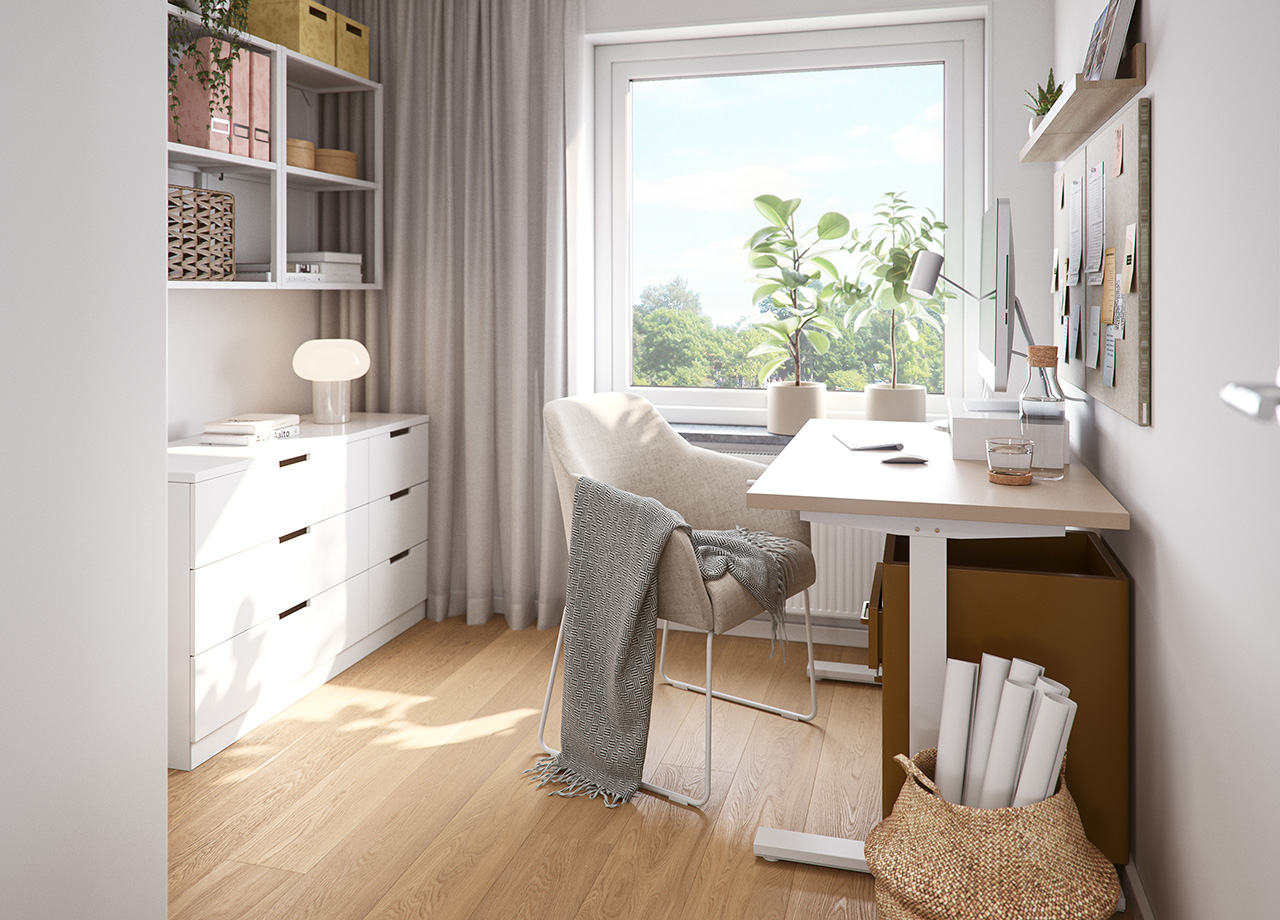 Illustrationsbild av kontoret i en BoKlok lägenhet med 4 rum och kök.