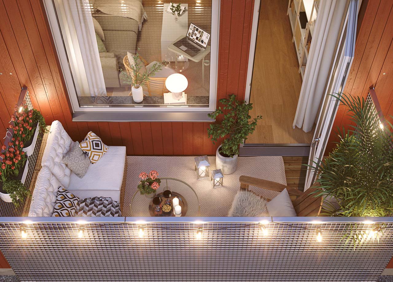 Illustrationsbild av balkongen i en spegelvänd BoKlok lägenhet med tre rum och kök.