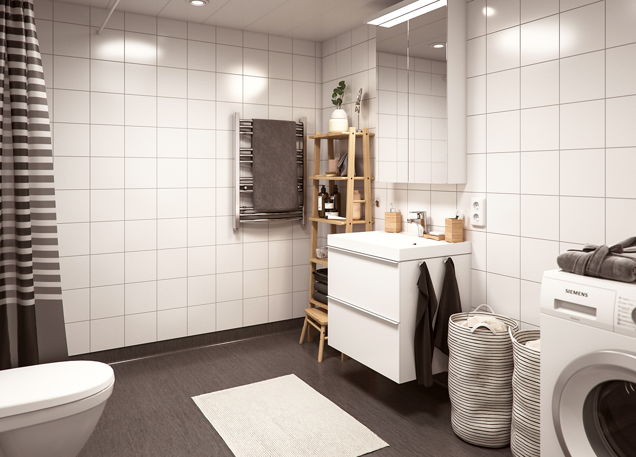 Illustrationsbild av badrum i BoKlok rätvänd lägenhet 3 rum och kök