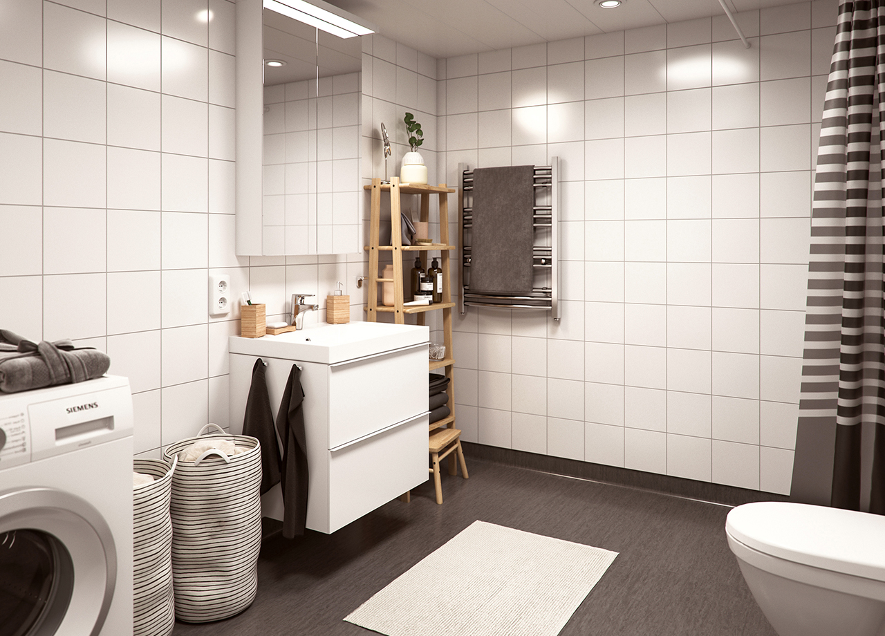 Illustrationsbild av badrum i BoKlok spegelvänd lägenhet 3 rum och kök
