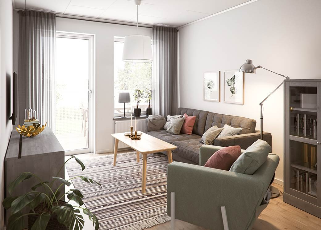 illustrationsbild av vardagsrum i en silviabo lägenhet på 2 rum och kök