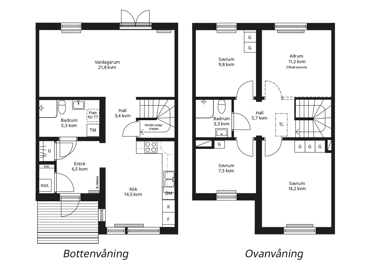 Planlösning av BoKlok radhus i två våningar