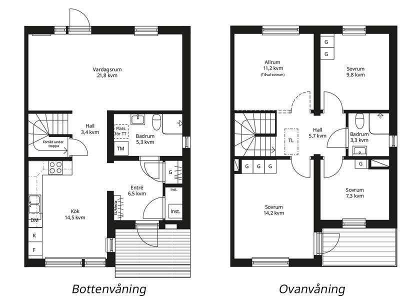 BoKlok planlösning spegelvänd gavelhus fem rum och kök