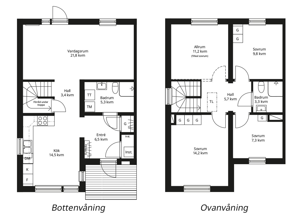 BoKlok planlösning spegelvänd gavelhus fem rum och kök