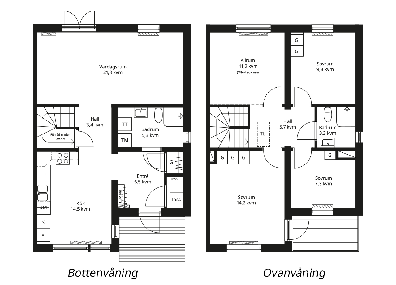 Planlösning BoKlok enfamiljshus spegelvänd gavelhus fönster i badrum med torktumlare och balkong