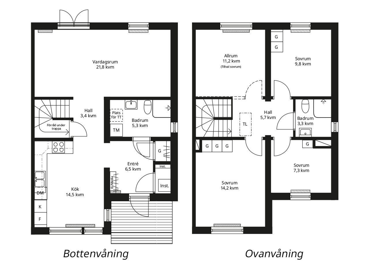 Planlösning BoKlok enfamiljshus spegelvänd gavelhus fönster i badrum