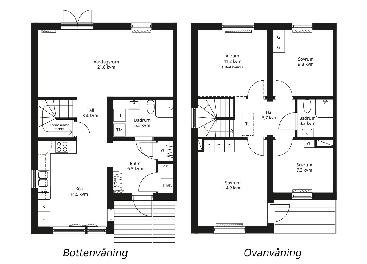 Planlösning BoKlok enfamiljshus spegelvänd gavelhus fönster i kök med torktumlare och balkong