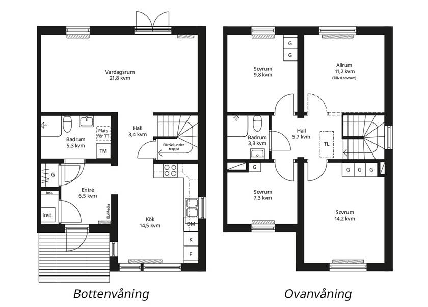 Planlösning av BoKlok parhus i två våningar