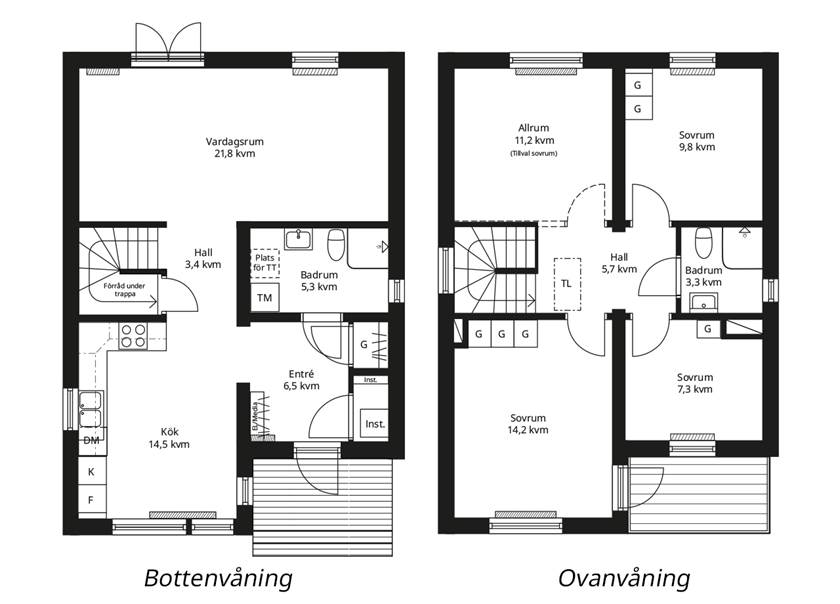 Planlösning BoKlok enfamiljshus spegelvänd kedjehus med balkong