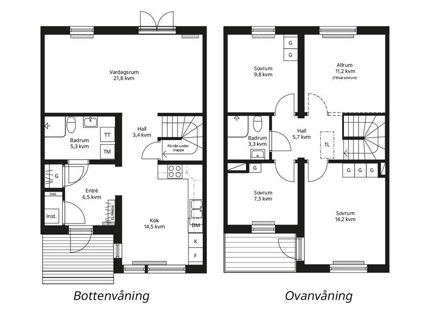 Planlösning BoKlok enfamiljshus rätvänd mitthus med torktumlare och balkong