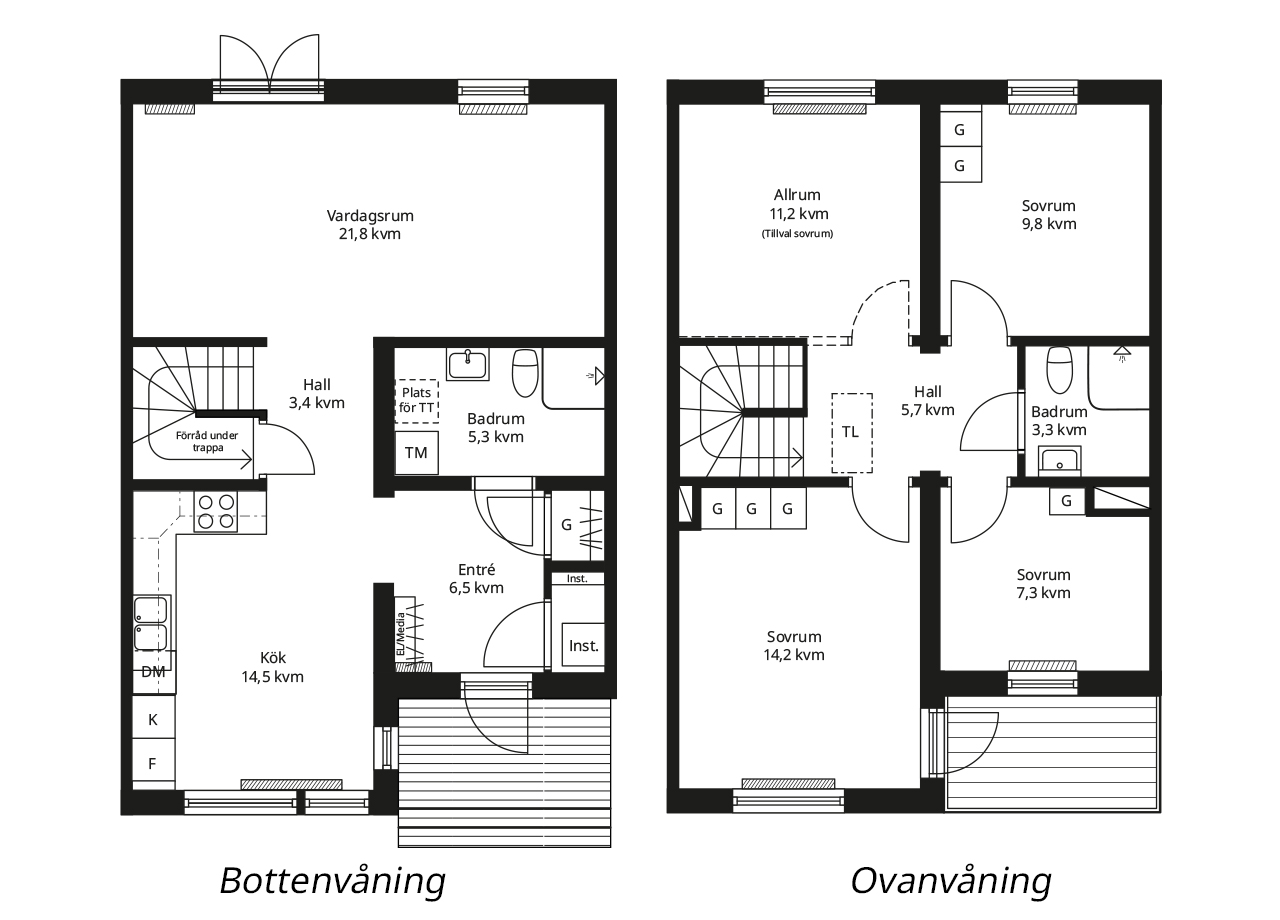Planlösning BoKlok enfamiljshus spegelvänd mitthus med balkong