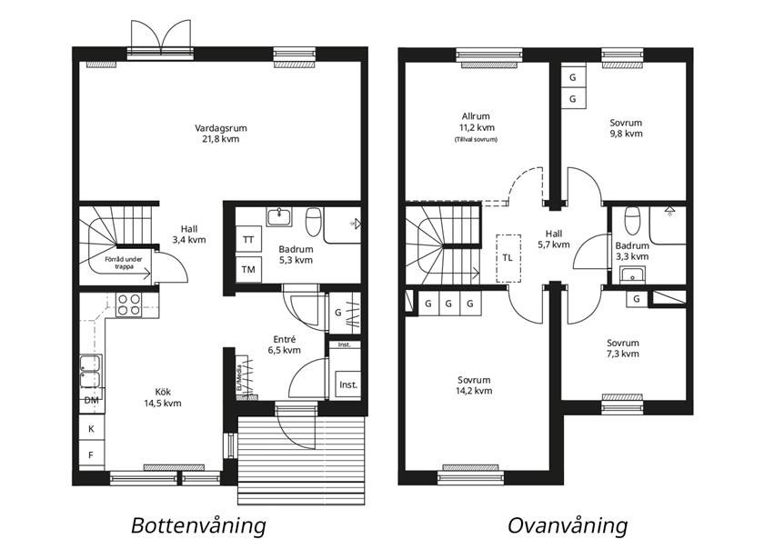 Planlösning BoKlok enfamiljshus spegelvänd mitthus med torktumlare