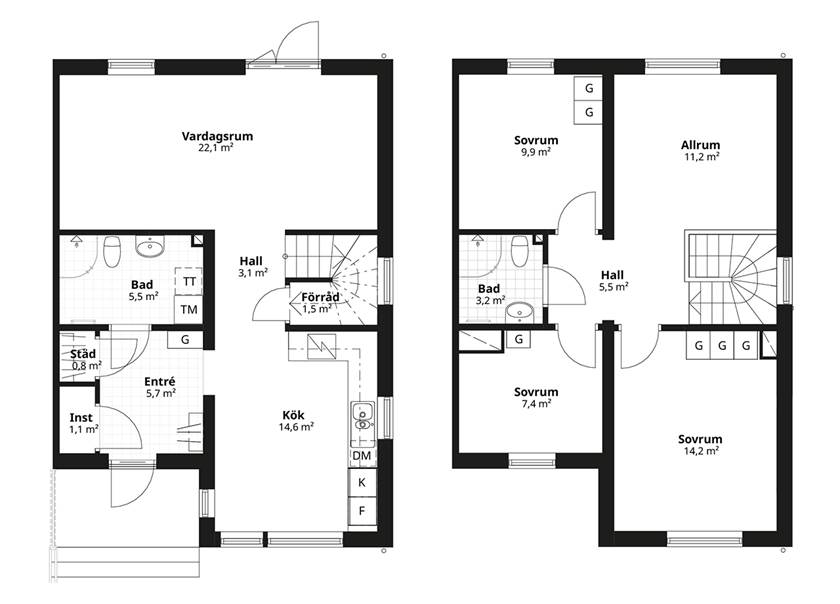 Planlösning av BoKlok parhus i två våningar