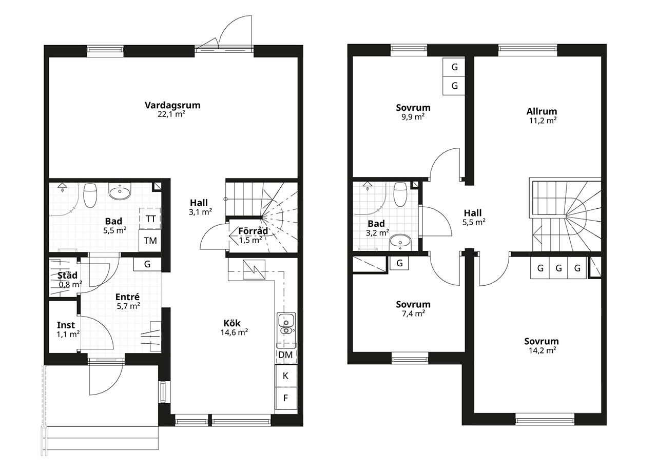 Planlösning BoKlok enfamiljshus rätvänd mitthus