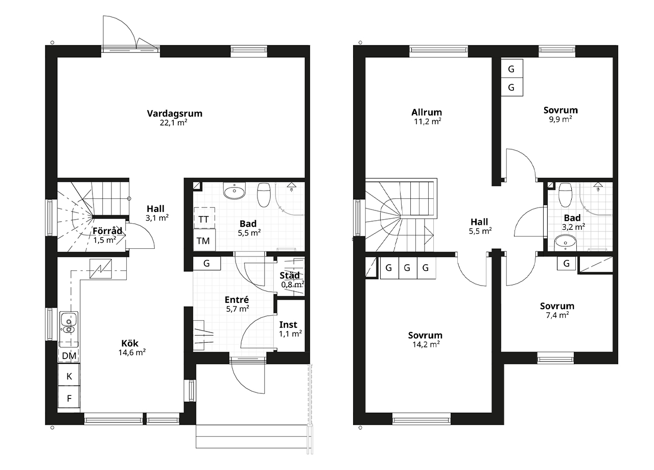 Planlösning BoKlok enfamiljshus spegelvänd gavelhus fönster i kök