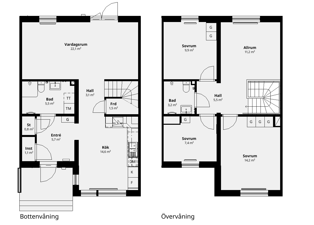 Planlösning BoKlok enfamiljshus rätvänd mitthus