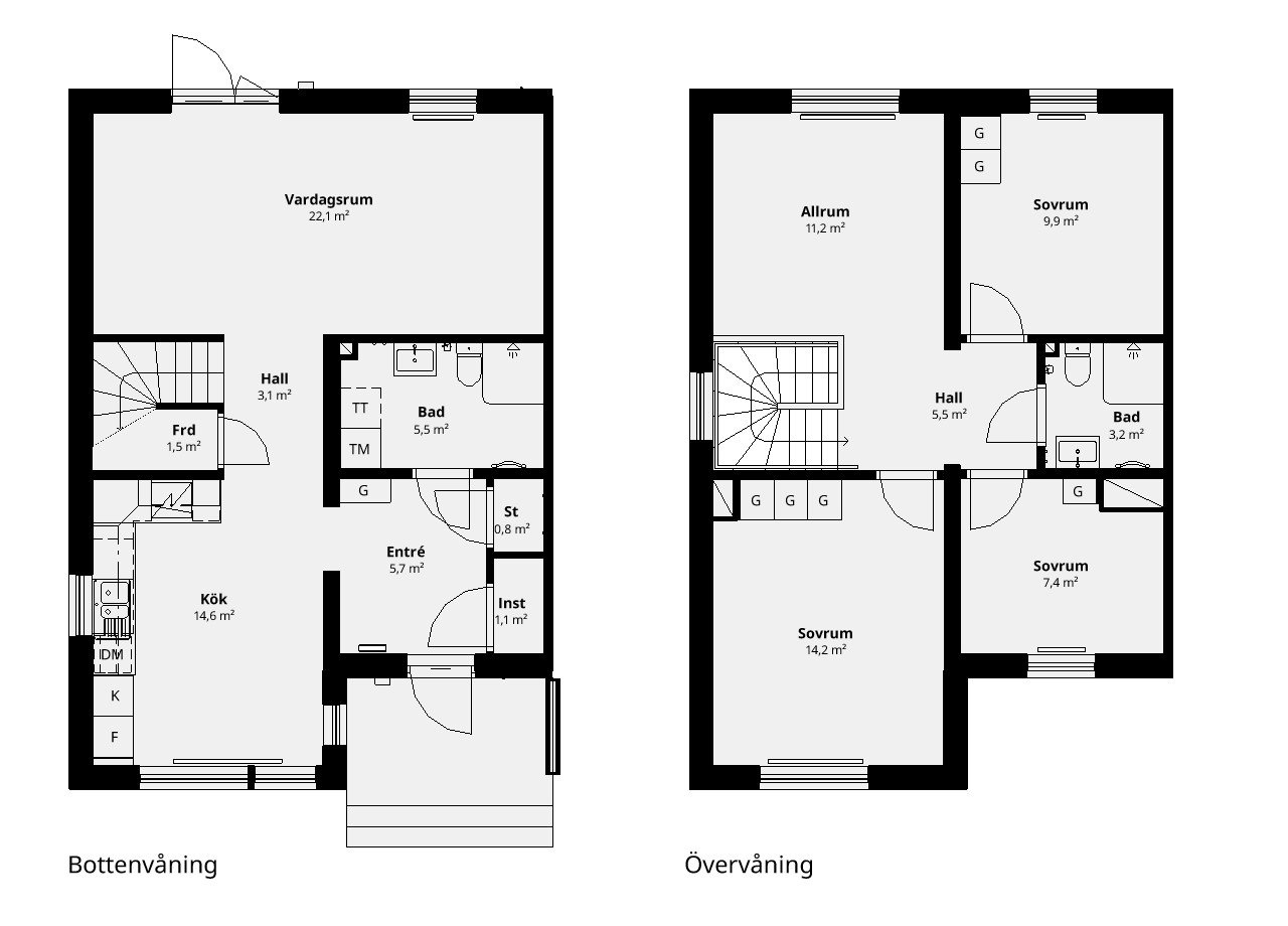 Planlösning BoKlok enfamiljshus spegelvänd gavelhus fönster i kök