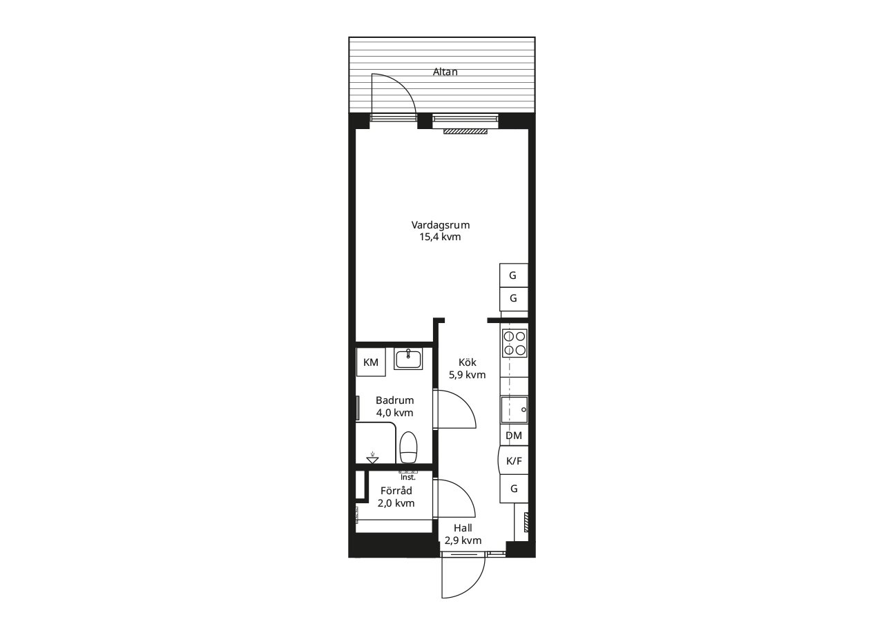 Planlösning av en BoKlok marklägenhet ett rum och kök